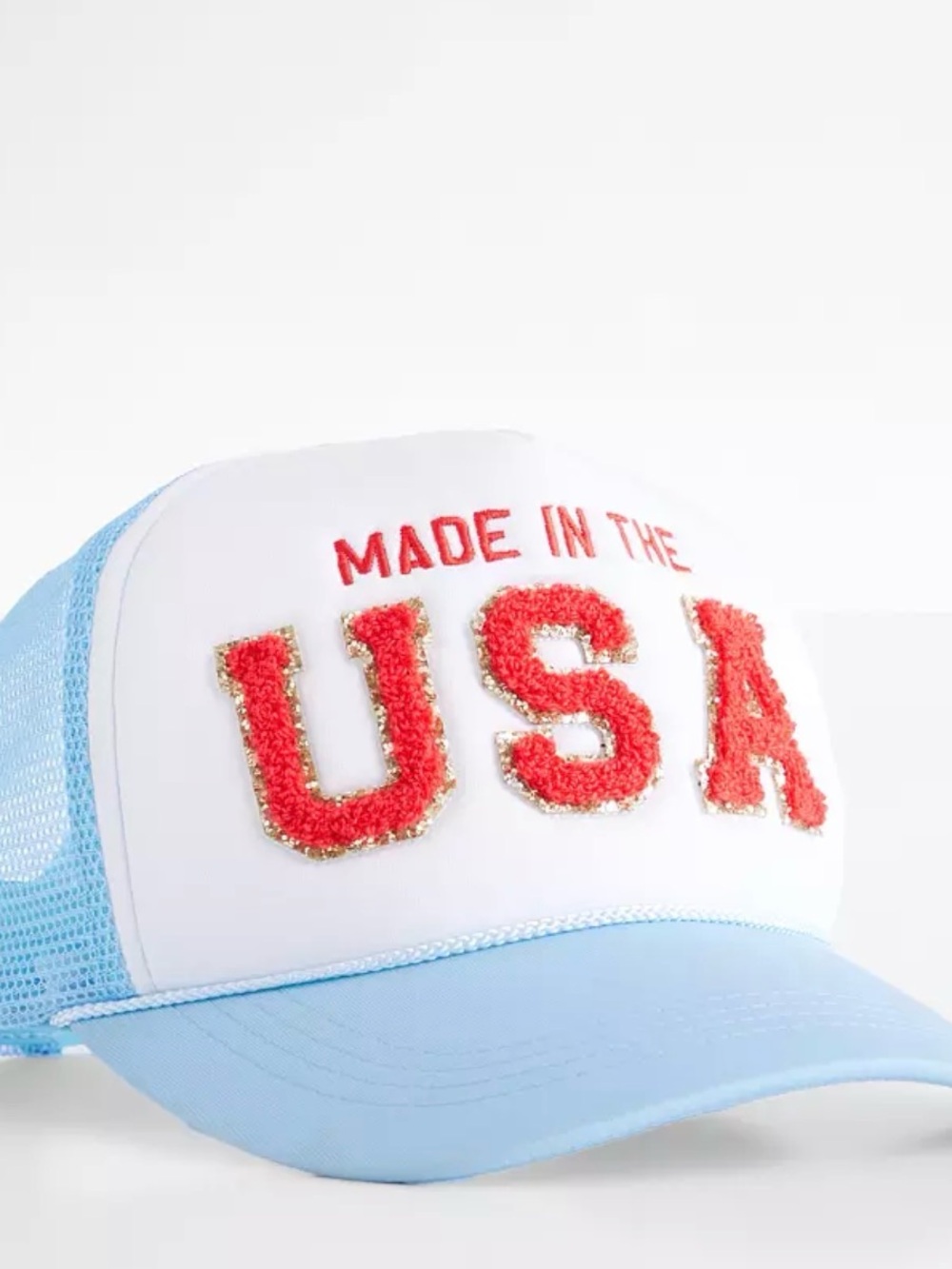 Made in the USA Patch Trucker Hat - White & Light Blue